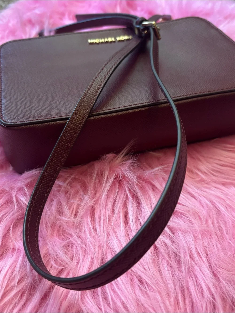 Michael Kors Jet Set Large Burgundy Saffiano Leather Crossbody Bag Gold Chain